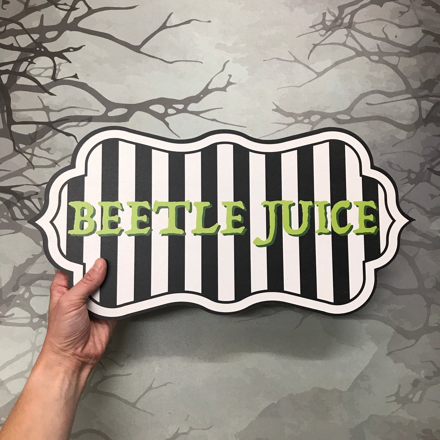 Halloween Monochrome Beetlejuice 2D MDF Wood Prop Sign Decoration